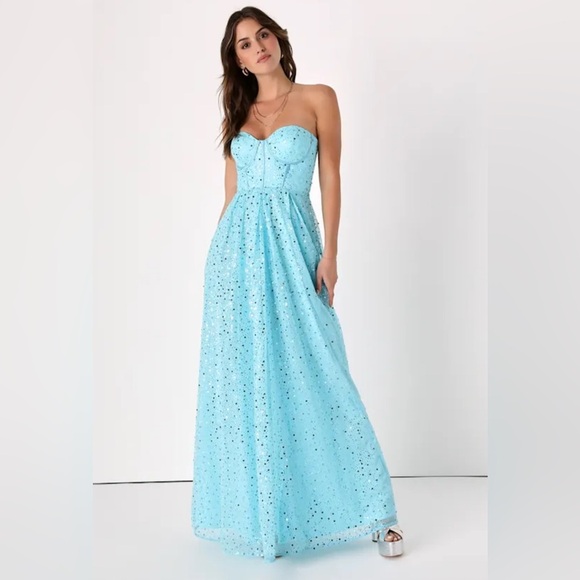 Lulus size small Radiant Reflection Light Blue Sequin Tulle Strapless Maxi Dress - Picture 1 of 9
